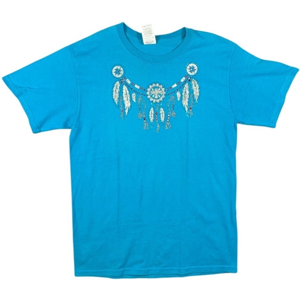Jerzees Turquoise Dreamcatcher Glitter Rhinestone T-Shirt Womens Medium Blue